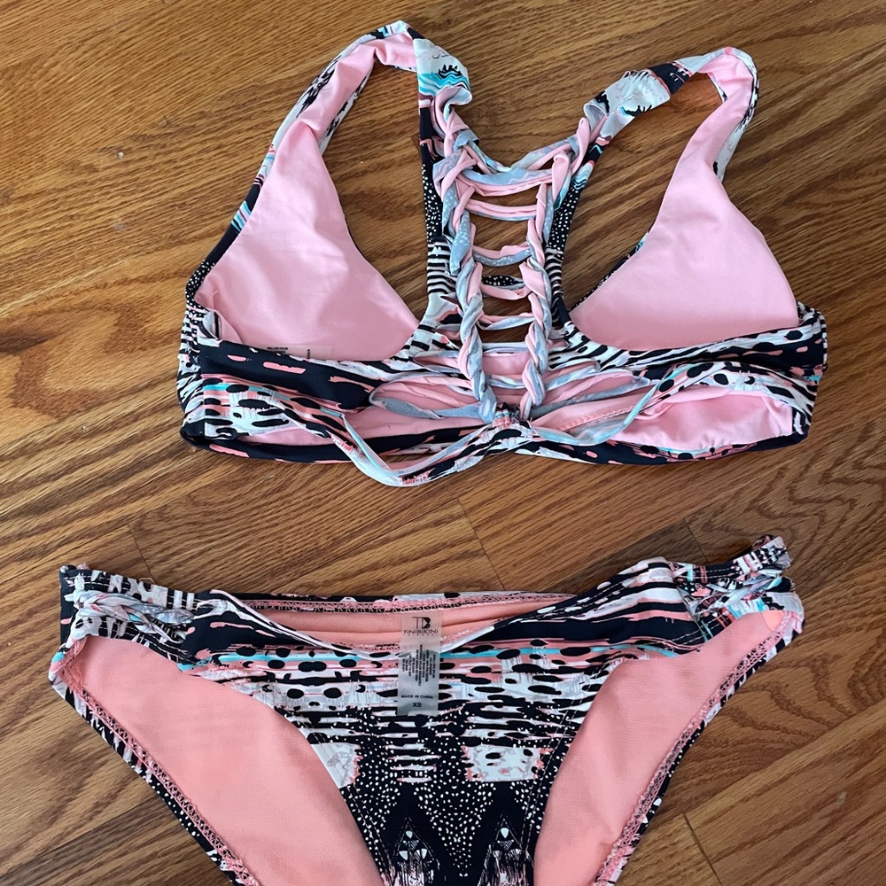 Pink Patterned Bathing Suit Brand: Tini Bikini Swimwear Size: XS (Top & Bottom)